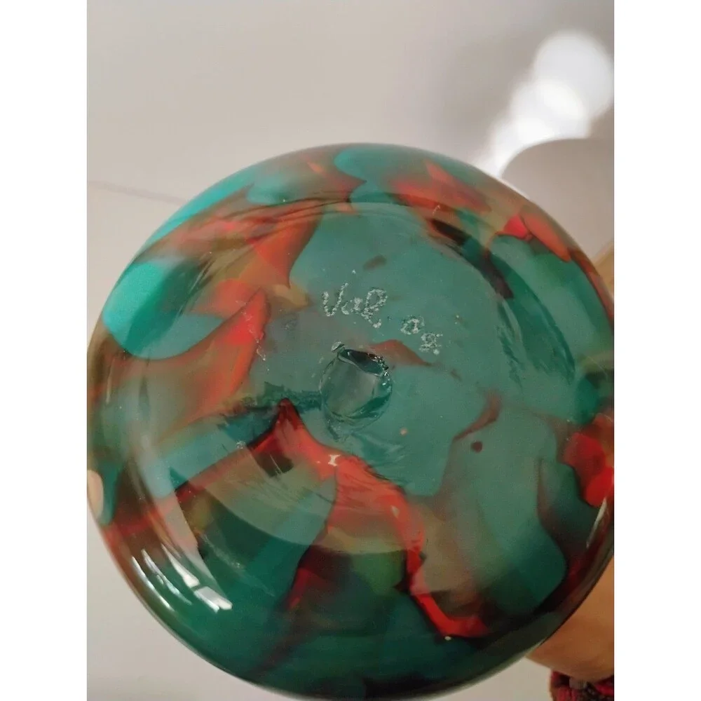 Vintage Hand Blown Swirl Art Glass Vase Emerald Green Crimson Signed Val 00